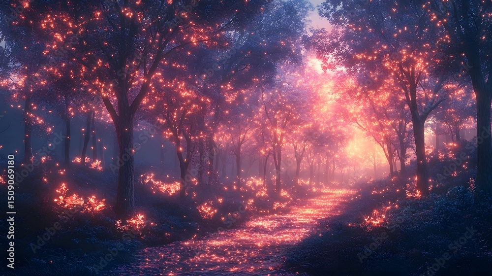 Poster Enchanting forest scene featuring an abstract theme, illuminated with ethereal lights and soft focus, evoking a sense of wonder and magic, with the warm glow contrasting with the cool tones.