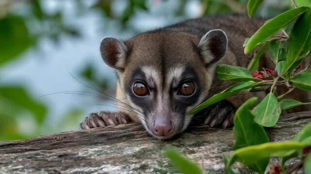 Close-up portrait of a Kinkajou relaxing on a branch among the green leaves, featuring its round brown eyes and soft brown and gray fur.