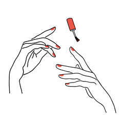 The lady does a manicure, paints her nails with varnish. Silhouette of female hands in a modern one line style. Solid line, aesthetic outline for decor, posters, stickers, logo. Vector illustration.