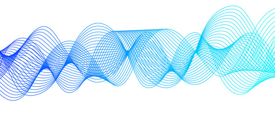 Abstract clean, modern background with smooth, flowing waveforms and fine parallel lines. Wave shapes undulate with deep blue to bright dynamic gradient effect. Sense of depth, rhythm, and motion.