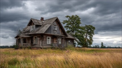 Obraz premium abandoned wooden house in field of tall grass, cloudy gray day