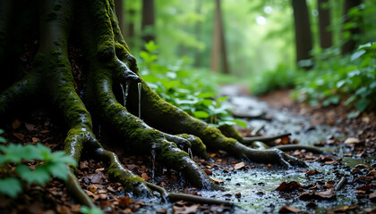 Obraz premium Forest Roots in Rain: Moss and Water Droplets
