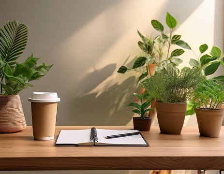 a cozy workspace featuring a recyclable coffee cup a notebook and greenery promoting sustainability and productivity eco friendly consumer behavior