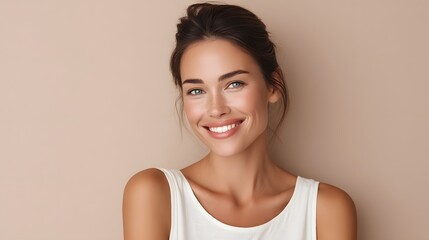 A woman with a radiant smile, wearing a white tank top, against a neutral beige background, showcasing natural beauty and healthy skin.