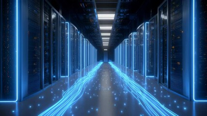 Digital infrastructure hallway with vibrant neon lights, reflecting floors, and futuristic server arrays inside a high-tech data center - Powered by Adobe