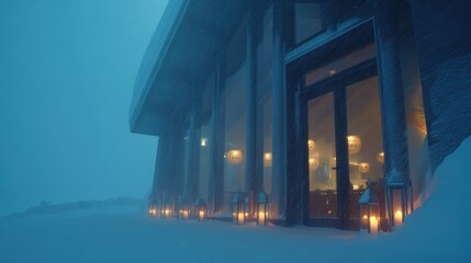 mountain lodge lit from inside during heavy blizzard, soft glowing windows