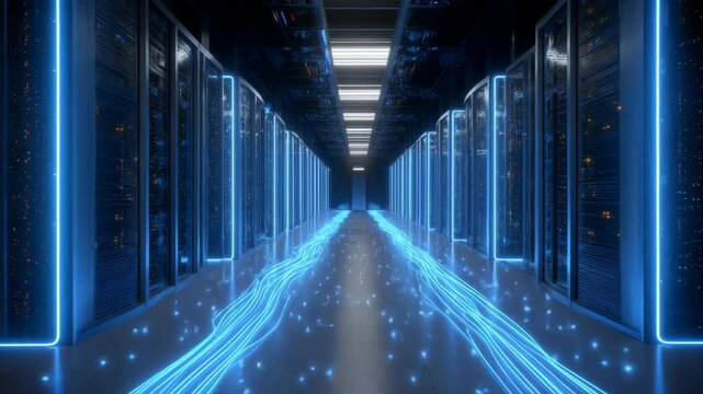 Digital infrastructure hallway with vibrant neon lights, reflecting floors, and futuristic server arrays inside a high-tech data center - Powered by Adobe