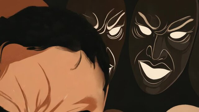 Illustration showing a close-up of a man's face with a tense expression surrounded by judging faces in a dark palette.