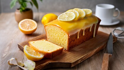 lemon loaf cake topped with citrus slices and glaze on wooden board during daylight