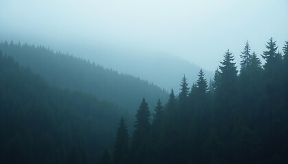 Fototapeta premium Misty Mountain Forest: Evergreen Trees in Blue Haze