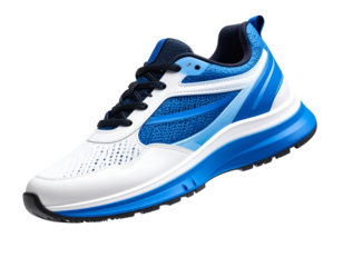 White and Blue Running Shoe Floating with Shadow, 3D Render, isolated on a transparent background