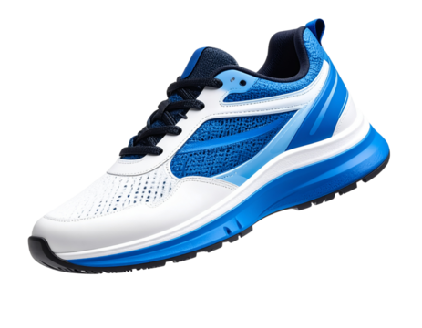 White and Blue Running Shoe Floating with Shadow, 3D Render, isolated on a transparent background