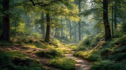 Obraz premium path through forest with dappled sunlight and green leaves, early summer
