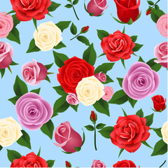 Naklejka premium Seamless pattern with red and white roses on blue background. Vector illustration.