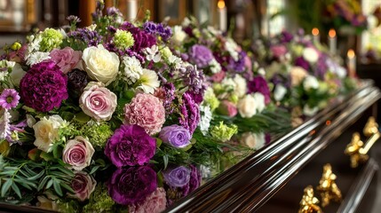 Beautiful floral arrangements adorn a casket during a solemn farewell ceremony in a peaceful setting