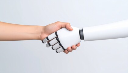 Human hand shaking a robotic hand symbolizing technological advancement and human robot collaboration