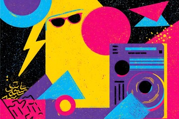 A vibrant and colorful illustration featuring a retro boombox, geometric shapes, and a lightning bolt against a starry night sky background