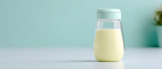 Glass Container Filled with Creamy Milk on a Light Pastel Background in a Minimalist Kitchen Setting