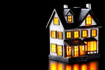 Illuminated Miniature House Model with Warm Light Glow on a Black Background Evoking a Cozy Night Atmosphere