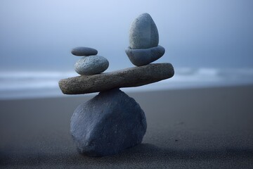 A stack of smooth, carefully balanced stones on a sandy beach with a blurred ocean and sky in the background creating a serene and contemplative scene.
