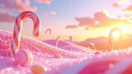 Candy-filled dreamscape with pink hills, sunset, and lollipop accents - Powered by Adobe