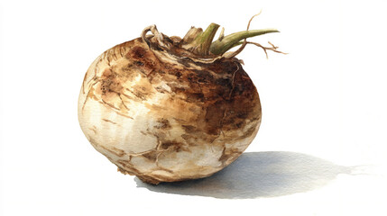 A solitary watercolor celeriac