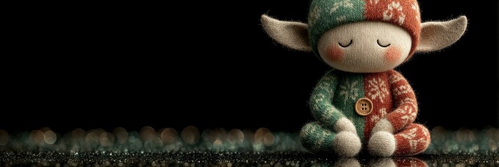 Festive elf figurine wearing knitted attire peacefully resting on reflective surface