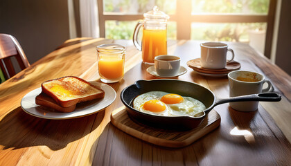 Classic Breakfast Table - A wooden breakfast table set with a cast iron skillet filled with sunny-side-up eggs, a butter dish, a coffee mug, toast on a ceramic plate, and a mason jar of orange juice.