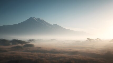A serene landscape featuring a majestic mountain with a snow-capped peak, surrounded by a vast grassy plain shrouded in mist under a clear blue sky.