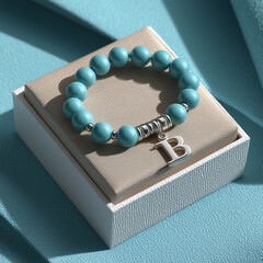 Turquoise gemstone bracelet with 925 sterling silver charm shaped as the letter B, displayed on a white jewelry box, elegant accessory in minimal product shot style