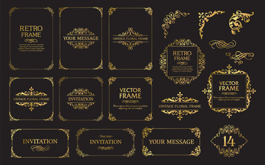 Design gold elements set, decorative flourish border corner and frame collection for invitation, menu and page decoration