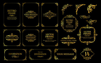 Design gold elements set, decorative flourish border corner and frame collection for invitation, menu and page decoration