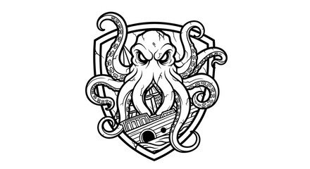 Octopus with Shipwreck Drawing