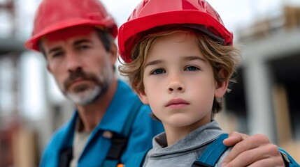 A young boy wearing a red hard hat stands in the foreground with a serious expression, an older man in construction gear is slightly out of focus in the background.