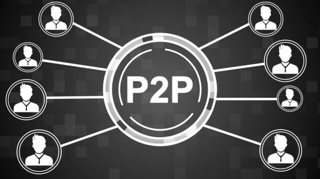 Businessman presses button with text P2P Peer-to-peer icon on virtual digital electronic user interface.