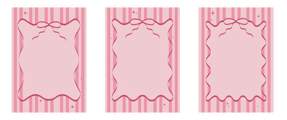 Set of drawing pink wavy elegant outline frame. Coquette pink frame ribbon lace bow, pink wavy border y2k retro set. Set of Vertical border frame card. Abstract curve whimsical border. Vector