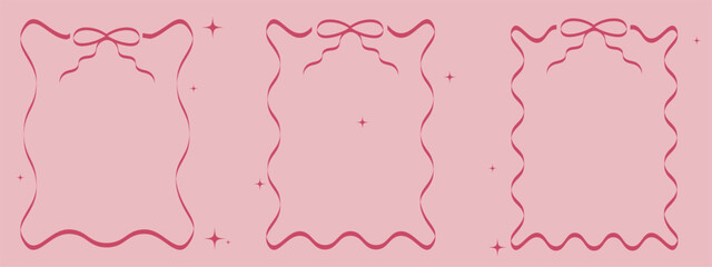Coquette pink frame ribbon lace bow, pink wavy border y2k retro set. Set of drawing pink wavy elegant outline frame. Set of Vertical border frame card. Abstract curve whimsical border. Vector