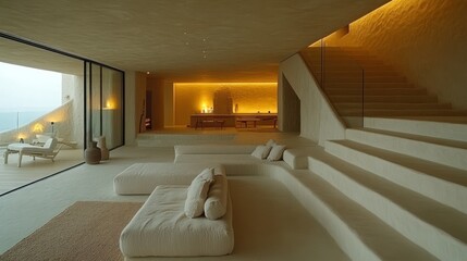 Fototapeta premium Light-filled, minimalist living space with layered seating and ocean views