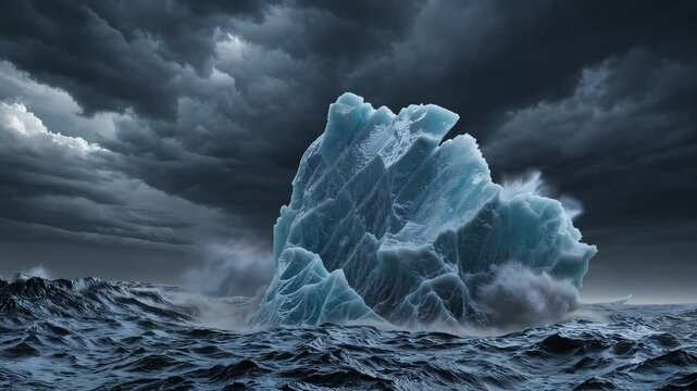 Majestic iceberg drifts through stormy ocean under dramatic skies in captivating natural journey