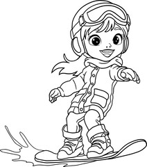 cartoon image of a child playing Snowboard line vector illustration 
