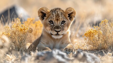 Obraz premium Lion cub in savanna, alert gaze