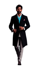Indian man in coat, vest, trousers, and shoes, cut out transparent
