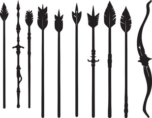 Silhouette of Bow and Arrows: Medieval Archery, Hunting Weapons, Vector Illustration