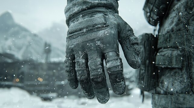 Close-up of frosted, tactical glove in snowy landscape