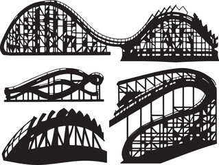 Black and White Silhouette of Wooden Roller Coaster Designs Amusement Park Thrill Ride