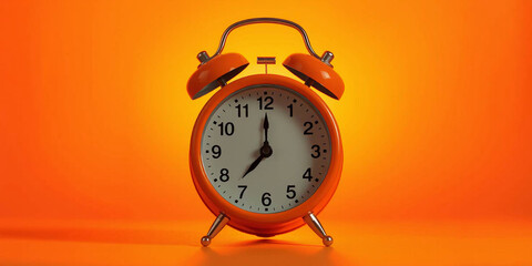 Vintage orange alarm clock on orange background with copy space. Retro time, antique clock with details. Classic design, decoration, reminder, display. Analog clock. 