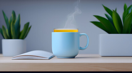 Warm Yellow Tea in Blue Mug on Wooden Desk with Plants