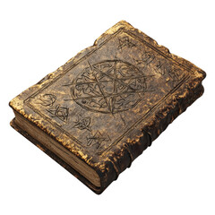 An ancient, weathered book with mystical symbols and a pentagram engraved on the cover.