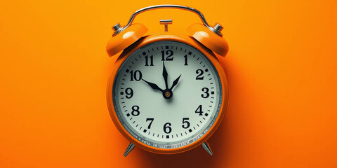 Vintage orange alarm clock on orange background with copy space. Retro time, antique clock with details. Classic design, decoration, reminder, display. Analog clock. 