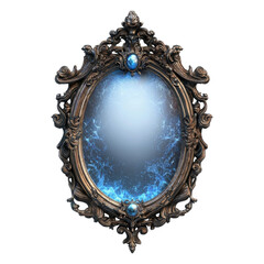 Ornate oval mirror with intricate metallic frame and glowing blue accents.